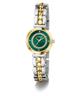 Two-tone GUESS Ladies 2-Tone Analog Watch with green face and gold accents on a white background