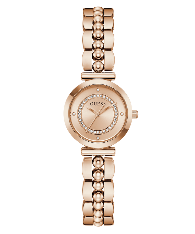 GUESS Ladies Rose Gold Tone Analog Watch with a decorative band on a white background