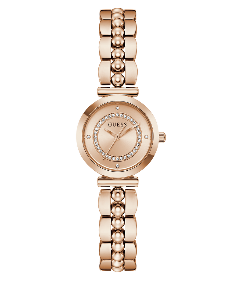 GUESS Ladies Rose Gold Tone Analog Watch with a decorative band on a white background