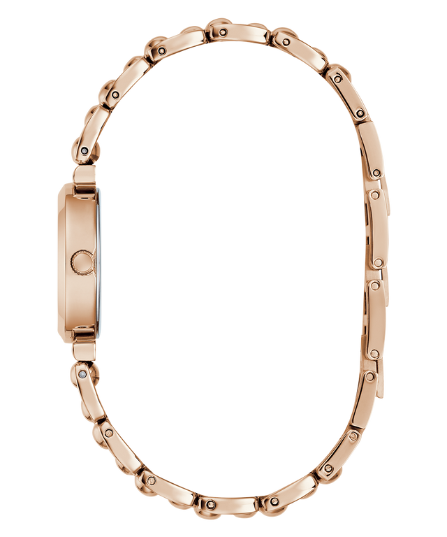 Rose gold watch with a chain-like design on a white background