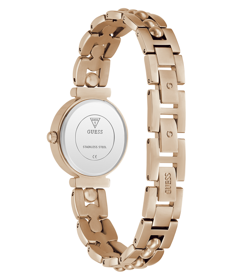 GUESS Ladies Rose Gold Tone Analog Watch with GUESS brand logo on a white background