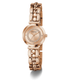 GUESS Ladies Rose Gold Tone Analog Watch with diamond-studded face on a white background