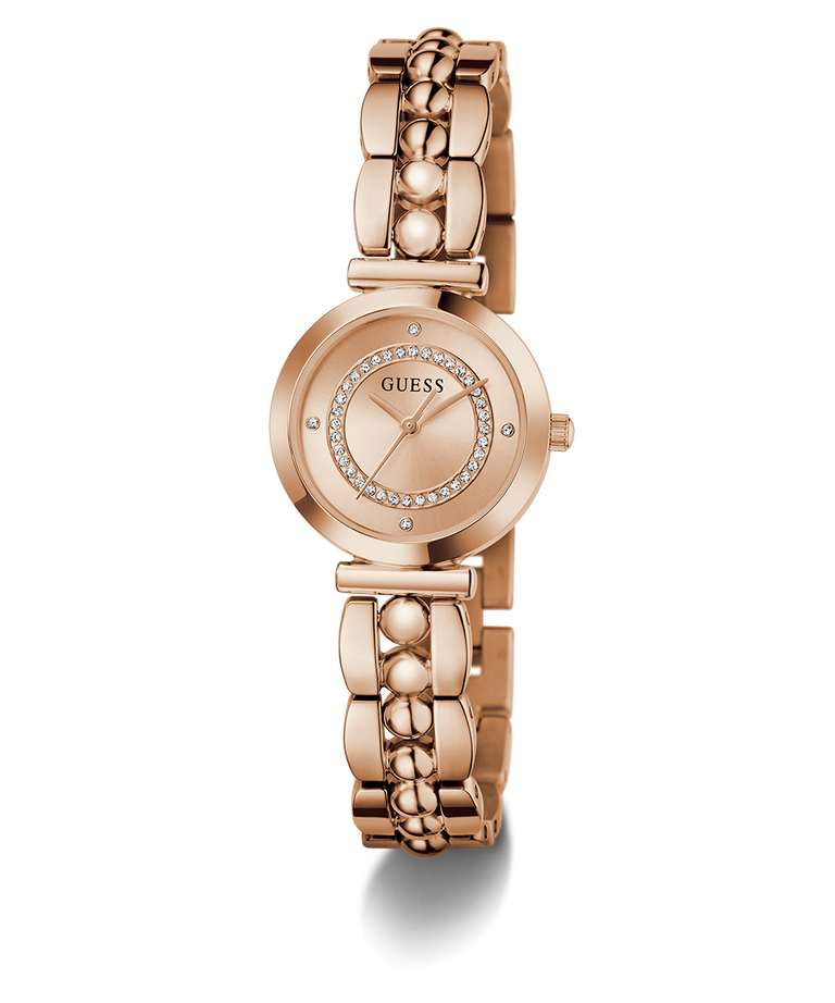 GUESS Ladies Rose Gold Tone Analog Watch with diamond-studded face on a white background