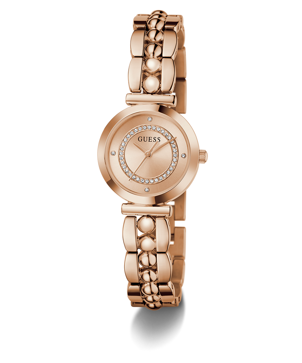 GUESS Ladies Rose Gold Tone Analog Watch with diamond-studded face on a white background