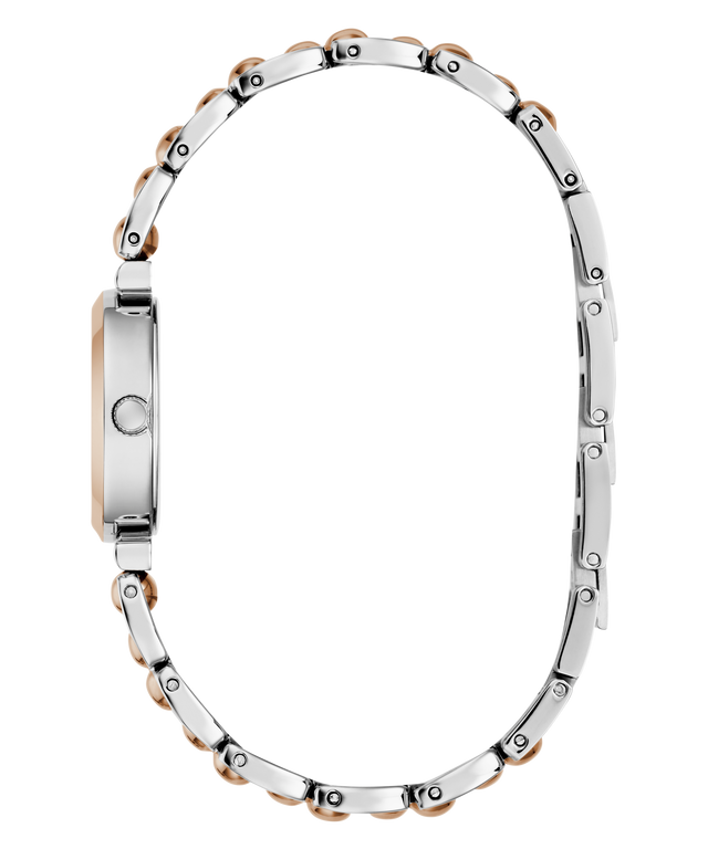 Silver and rose gold watch band on a white background