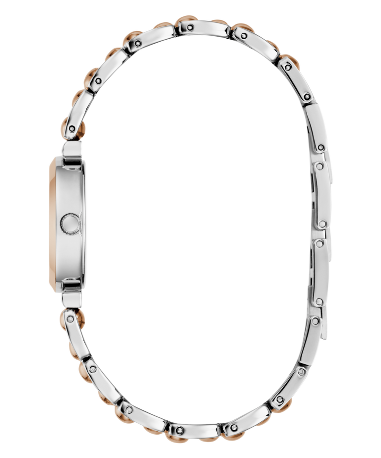 Silver and rose gold watch band on a white background