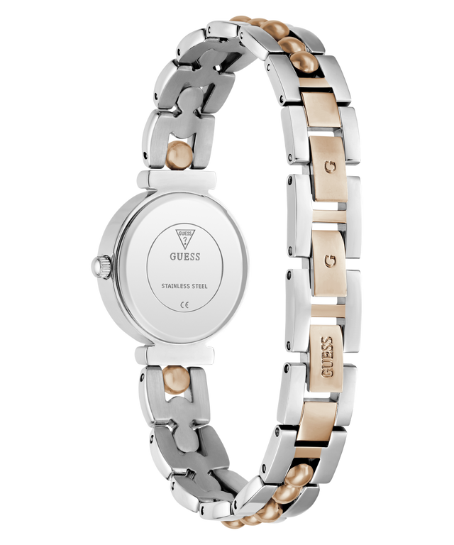 Silver and rose gold watch with visible brand logo on a white background