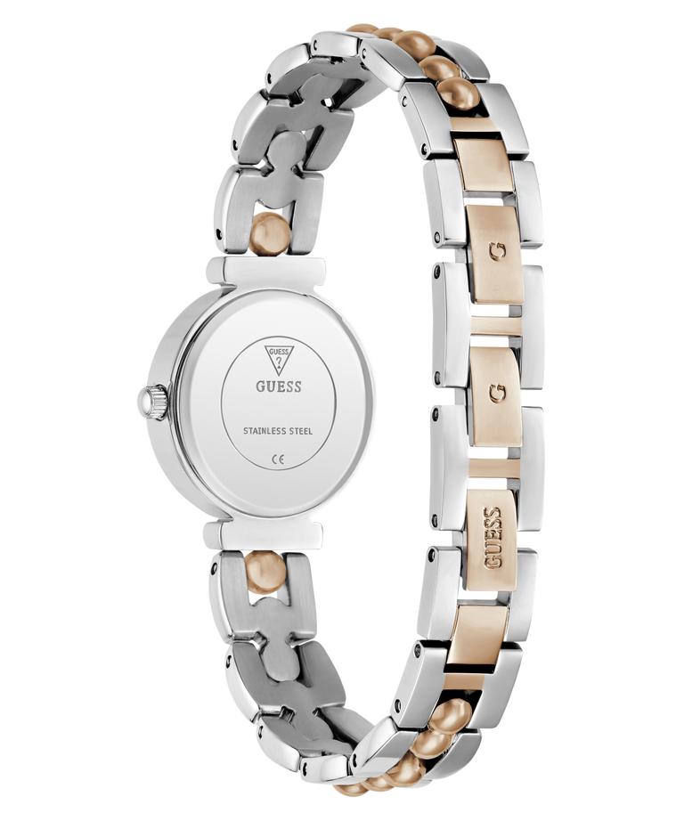 Silver and rose gold watch with visible brand logo on a white background