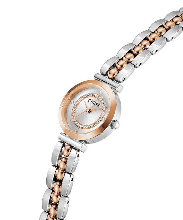 Two-tone watch with silver and rose gold band on a white background lifestyle