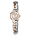 Two-tone Guess watch with silver and rose gold band on a white background