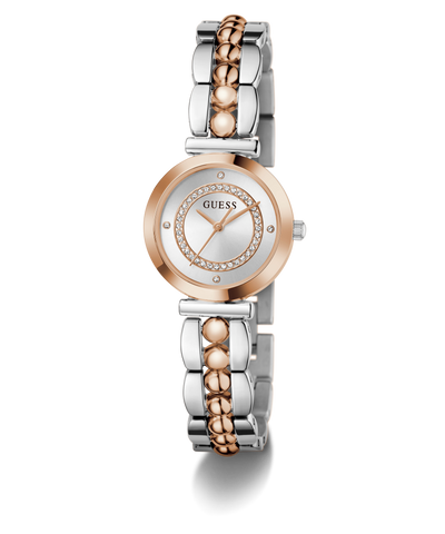 Two-tone Guess watch with silver and rose gold band on a white background