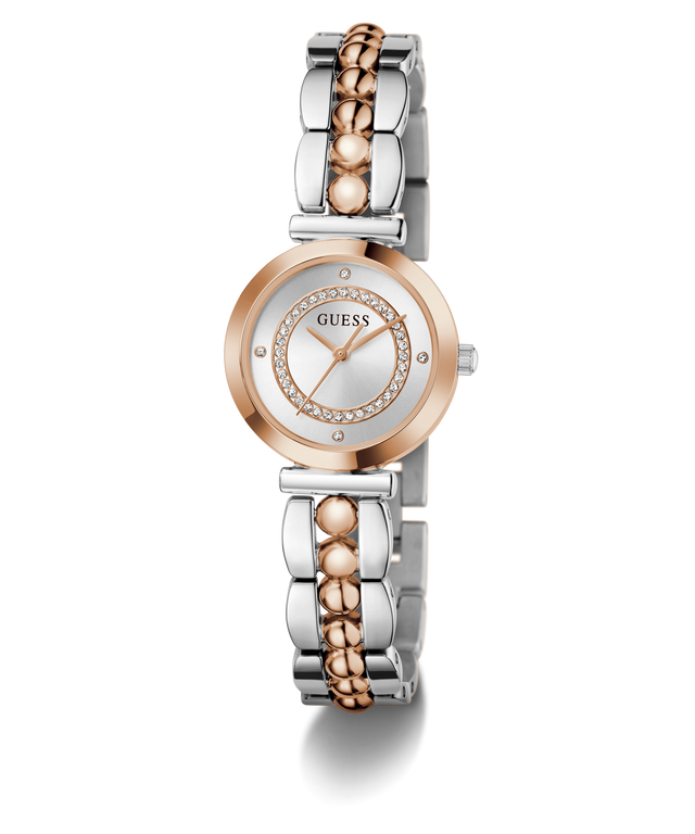 Two-tone Guess watch with silver and rose gold band on a white background