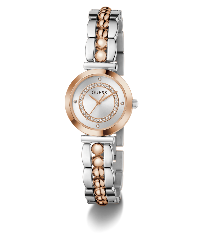 Two-tone Guess watch with silver and rose gold band on a white background