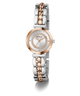Two-tone Guess watch with silver and rose gold band on a white background
