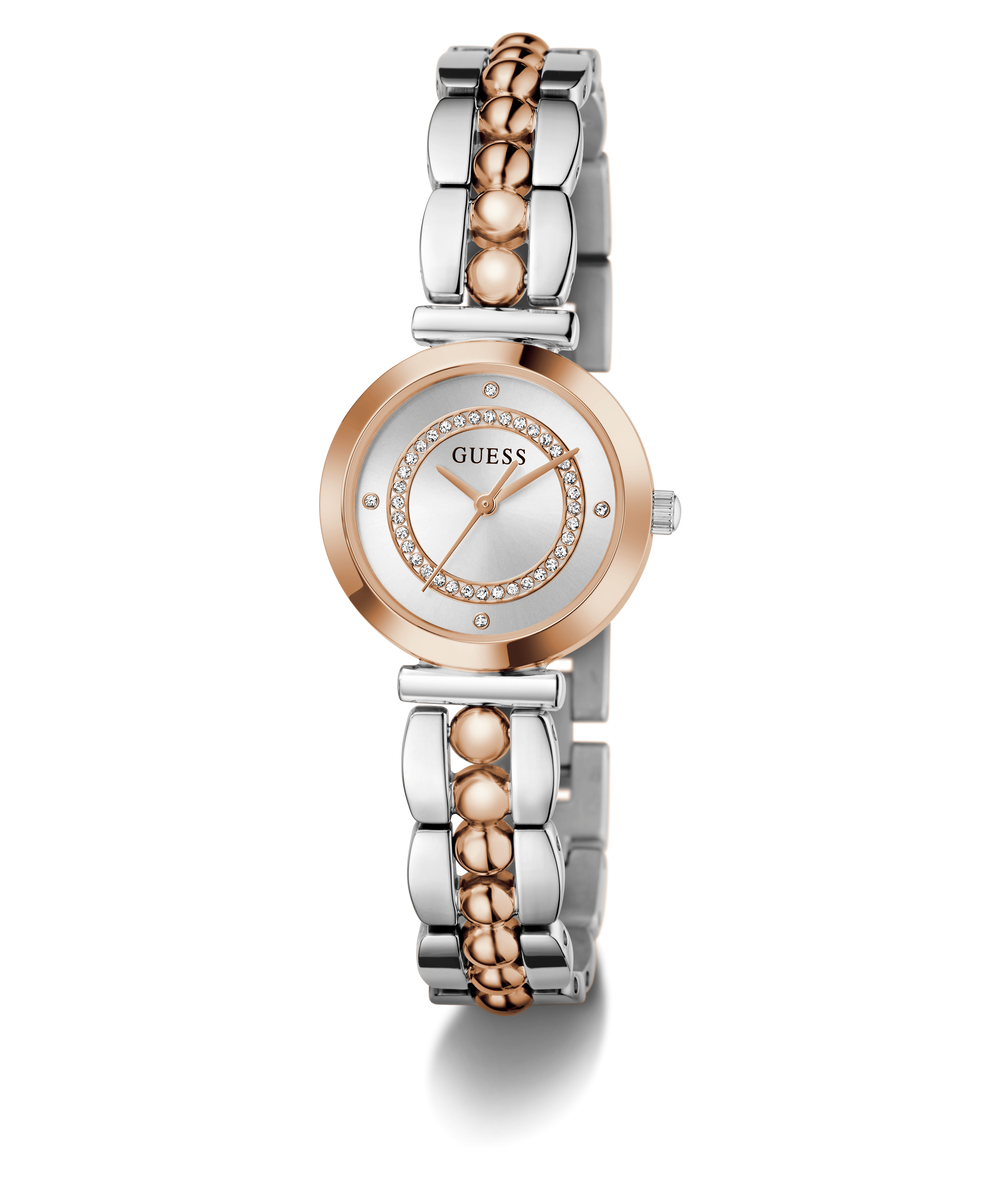Two-tone Guess watch with silver and rose gold band on a white background