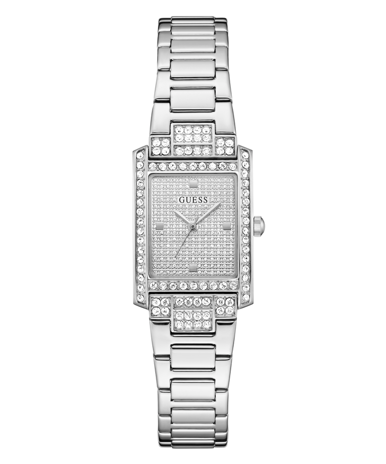 Silver GUESS Ladies Silver Tone Analog Watch with diamond accents on a white background