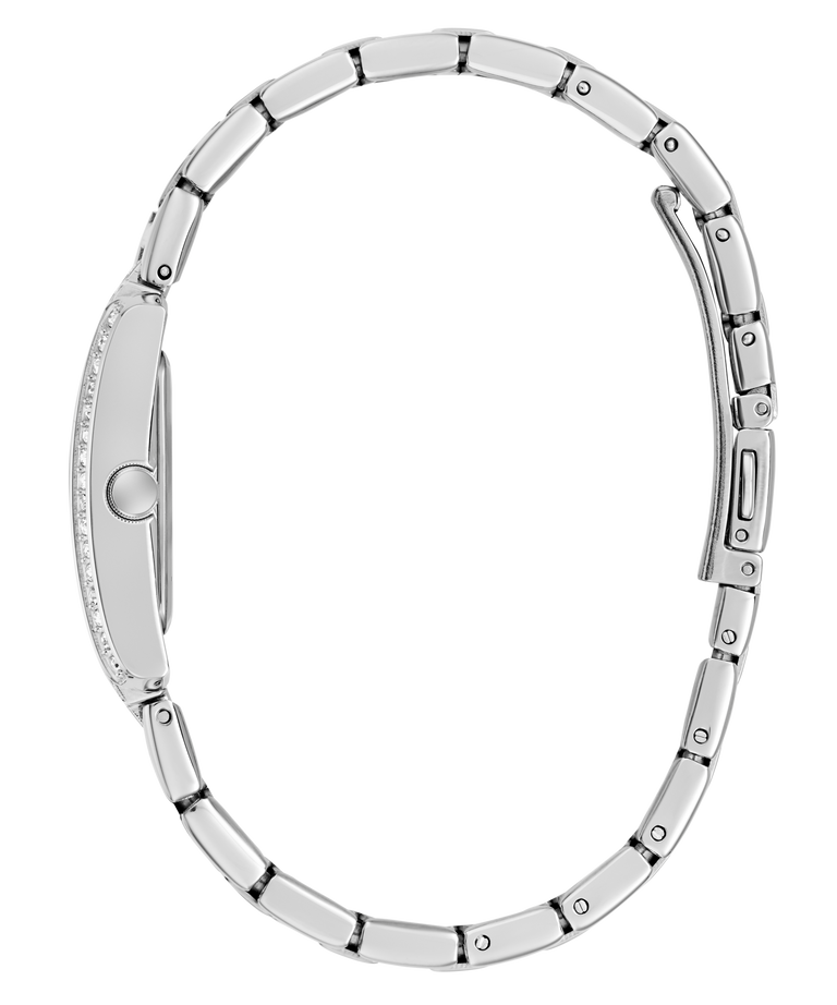 Silver GUESS Ladies Silver Tone Analog Watch on a white background