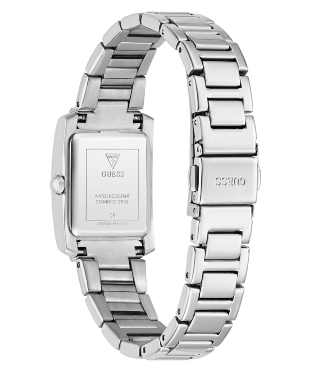 Silver GUESS Ladies Silver Tone Analog Watch with a rectangular face on a white background