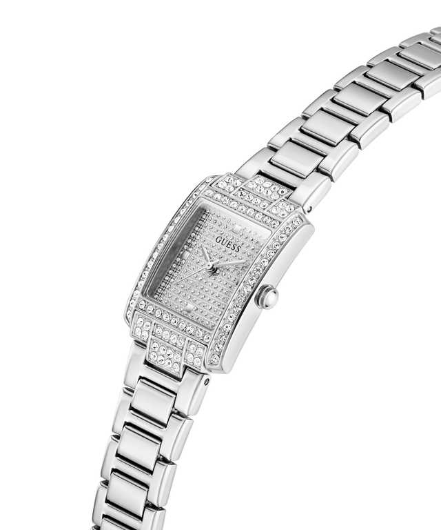 GUESS Ladies Silver Tone Analog Watch with diamond-studded face on a white background lifestyle