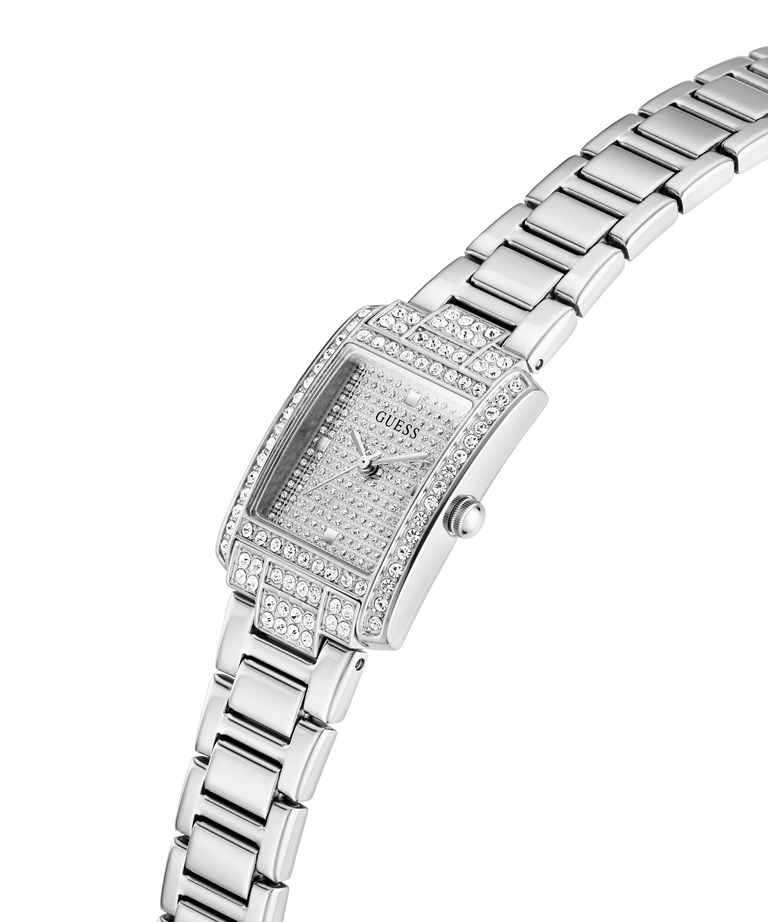 GUESS Ladies Silver Tone Analog Watch with diamond-studded face on a white background lifestyle