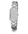 Silver GUESS Ladies Silver Tone Analog Watch with diamond-studded face on a white background