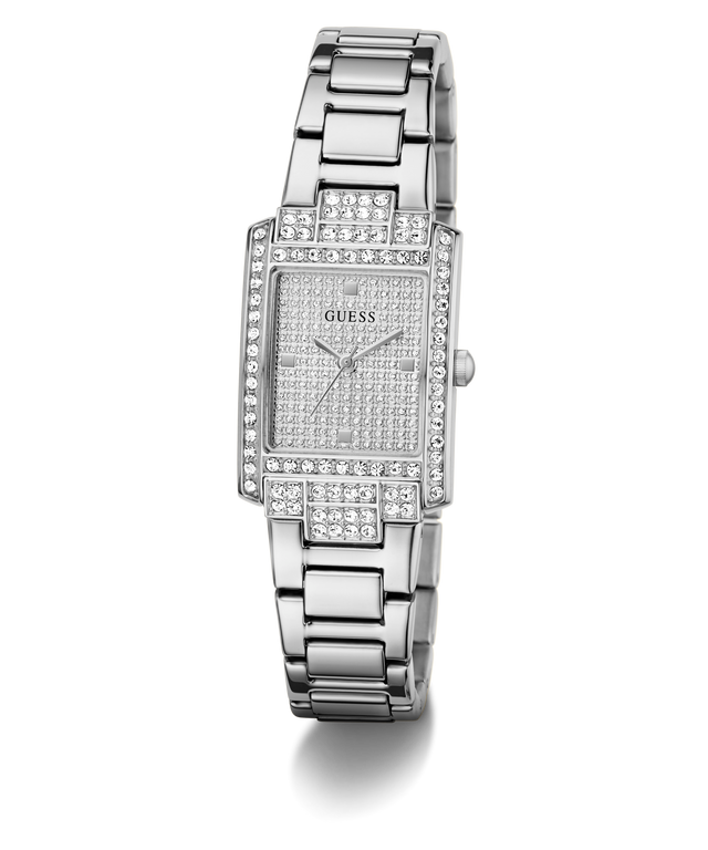 Silver GUESS Ladies Silver Tone Analog Watch with diamond-studded face on a white background