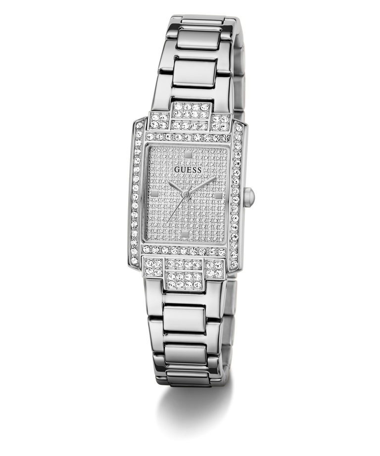 Silver GUESS Ladies Silver Tone Analog Watch with diamond-studded face on a white background
