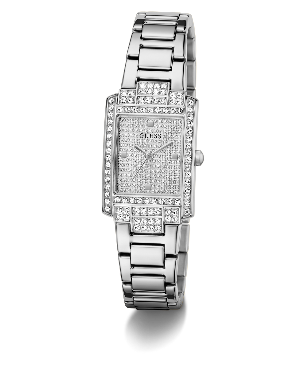Silver GUESS Ladies Silver Tone Analog Watch with diamond-studded face on a white background