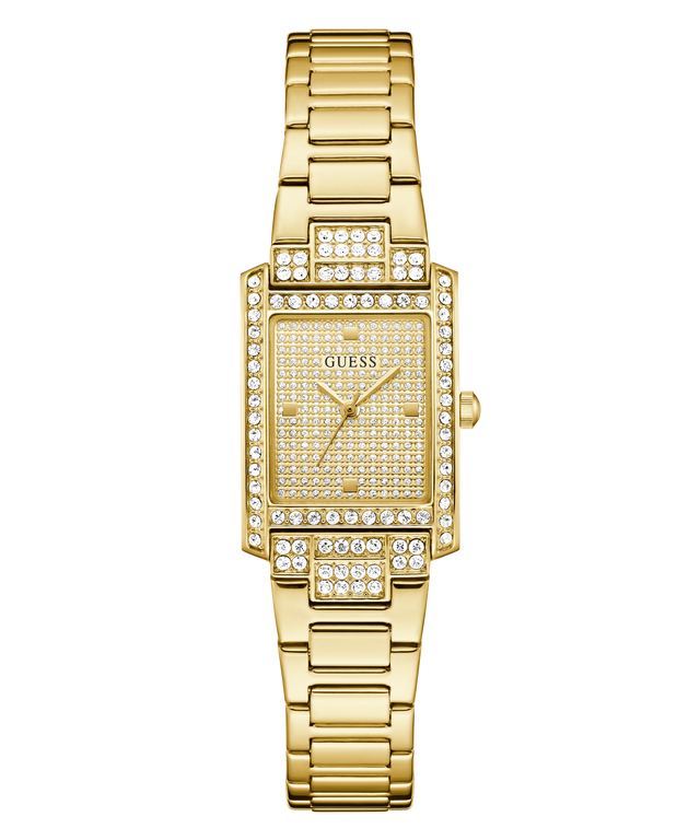 Gold GUESS Ladies Gold Tone Analog Watch with diamond accents on a white background