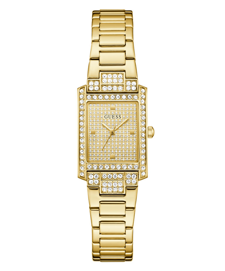 Gold GUESS Ladies Gold Tone Analog Watch with diamond accents on a white background