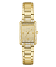 Gold GUESS Ladies Gold Tone Analog Watch with diamond accents on a white background