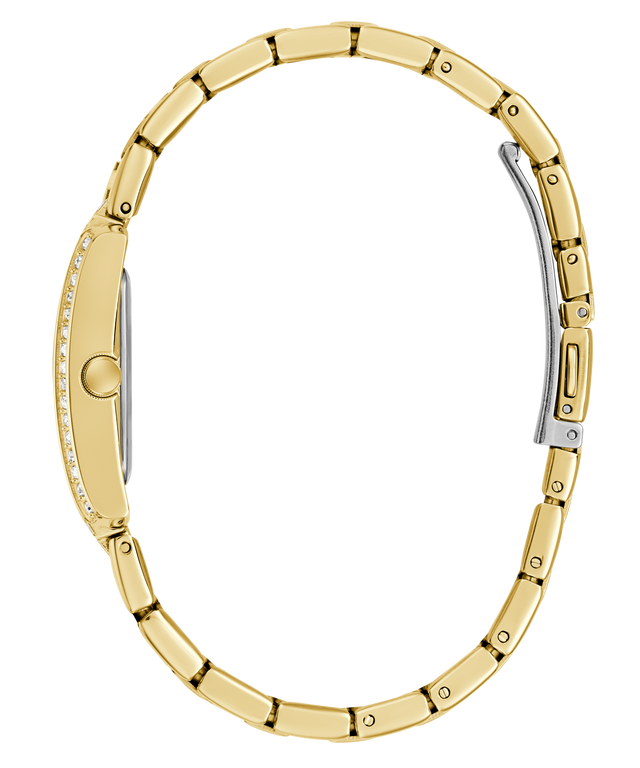 Gold GUESS Ladies Gold Tone Analog Watch on a white background