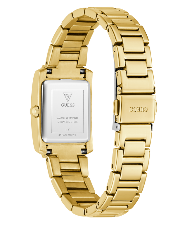 Gold GUESS Ladies Gold Tone Analog Watch with a white face on a white background