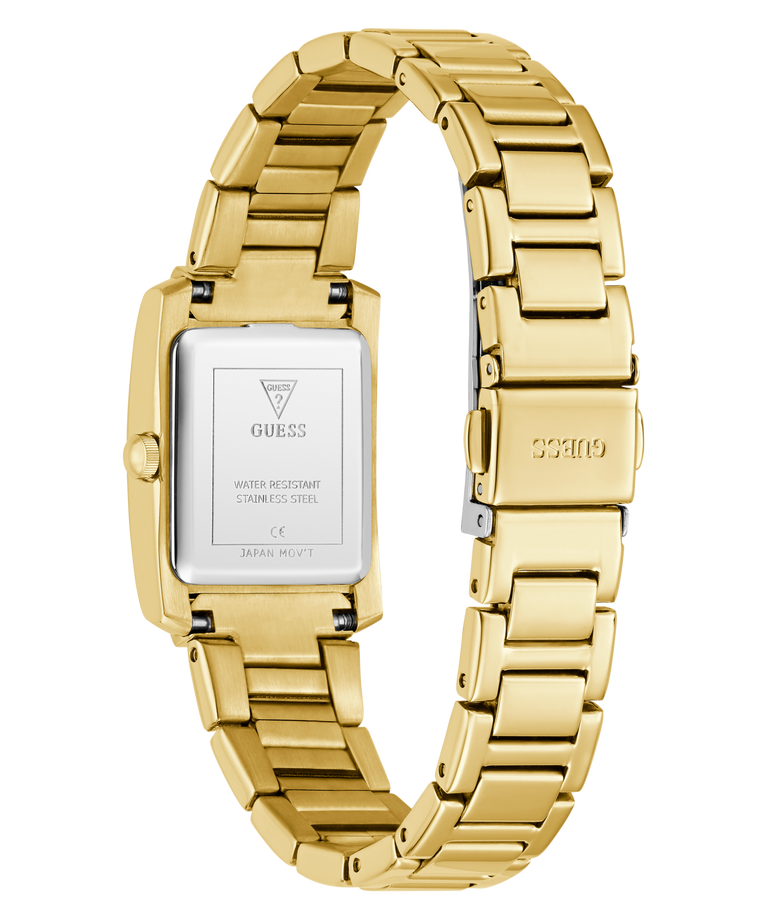 Gold GUESS Ladies Gold Tone Analog Watch with a white face on a white background