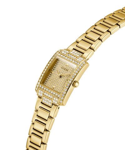 Gold watch with diamond-studded face on a white background lifestyle