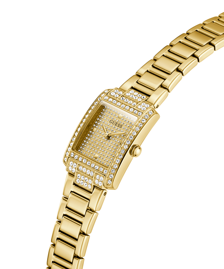 Gold watch with diamond-studded face on a white background lifestyle