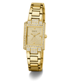Gold GUESS Ladies Gold Tone Analog Watch with diamond accents on a white background