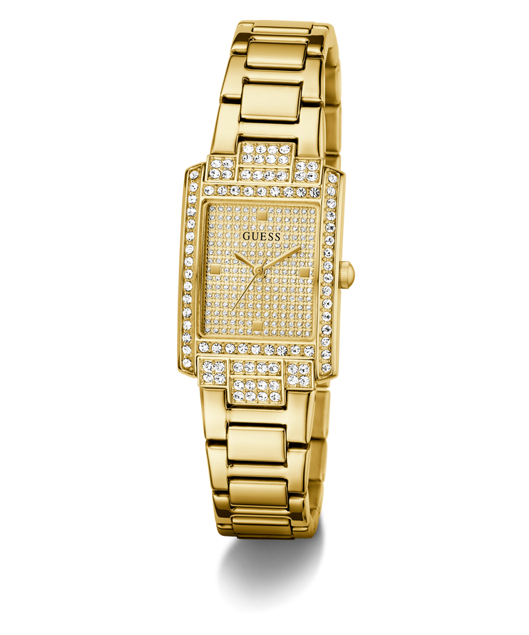Gold GUESS Ladies Gold Tone Analog Watch with diamond accents on a white background