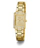 Gold GUESS Ladies Gold Tone Analog Watch with diamond accents on a white background