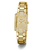 Gold GUESS Ladies Gold Tone Analog Watch with diamond accents on a white background
