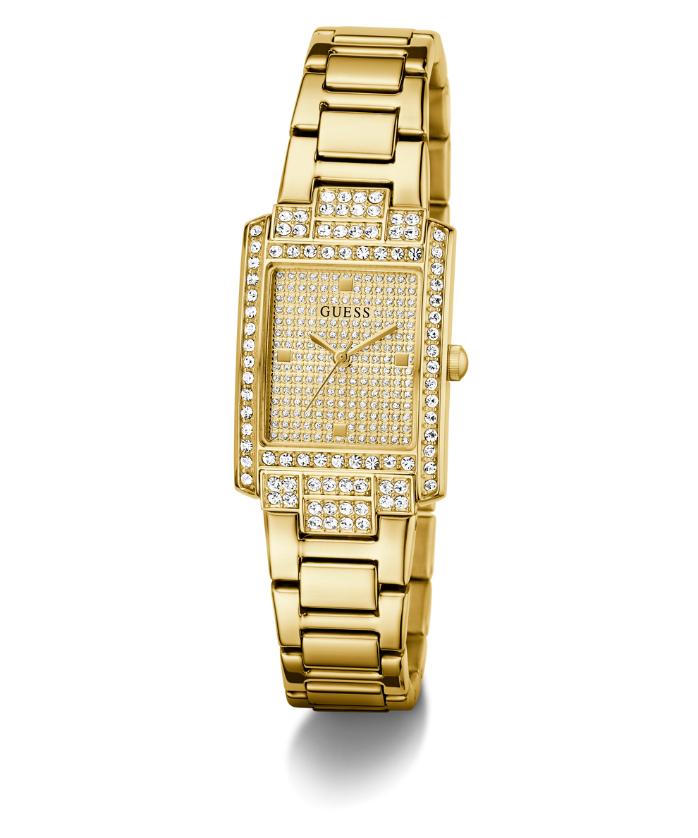 Gold GUESS Ladies Gold Tone Analog Watch with diamond accents on a white background
