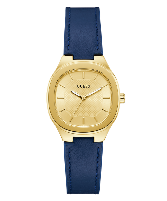 Gold GUESS Ladies BLUE GOLD TONE Analog Watch with a blue strap on a white background