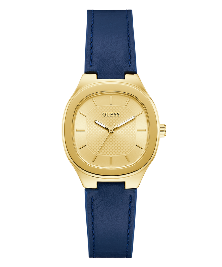 Gold GUESS Ladies BLUE GOLD TONE Analog Watch with a blue strap on a white background