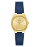 Gold GUESS Ladies BLUE GOLD TONE Analog Watch with a blue strap on a white background