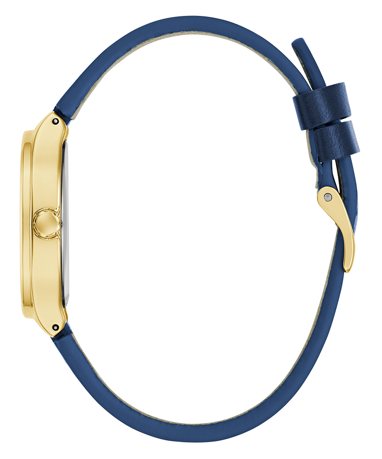 Wristwatch with blue strap and gold case on a white background