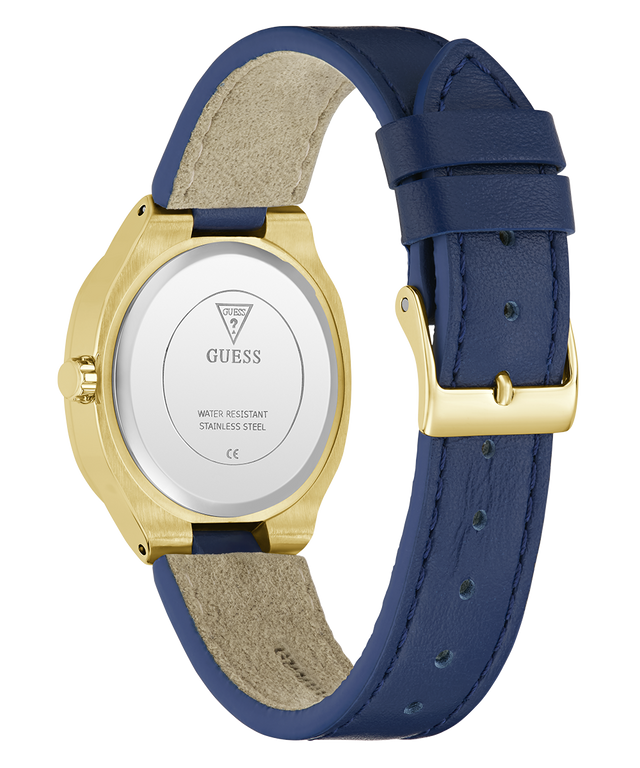 GUESS Ladies BLUE GOLD TONE Analog Watch with visible brand logo on a white background