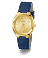 GUESS Ladies BLUE GOLD TONE Analog Watch with blue leather strap on a white background
