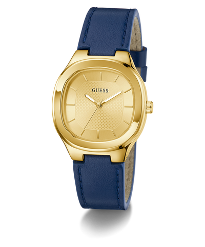 GUESS Ladies BLUE GOLD TONE Analog Watch with blue leather strap on a white background