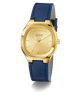 GUESS Ladies BLUE GOLD TONE Analog Watch with blue leather strap on a white background