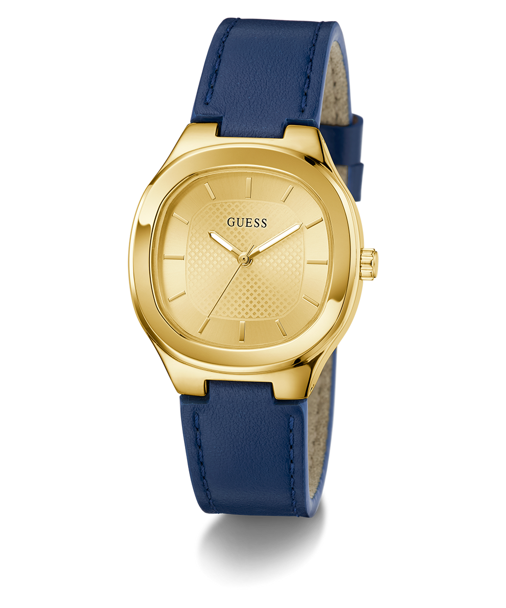 GUESS Ladies BLUE GOLD TONE Analog Watch with blue leather strap on a white background